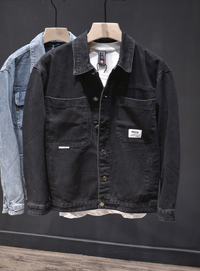 重磅时尚水洗黑色时尚百搭牛仔外套夹克男士修身标准工装ins长袖