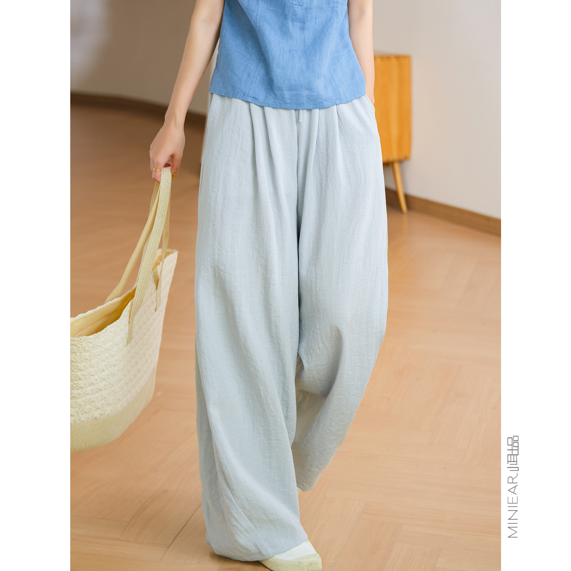 小耳出品【人棉+亚麻肌理面料】系带松紧腰显瘦气质休闲裤阔腿裤