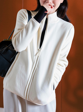 小耳出品 篙密双面摇粒绒/蓬松厚实/不易粘毛 简约立领拉链外套女