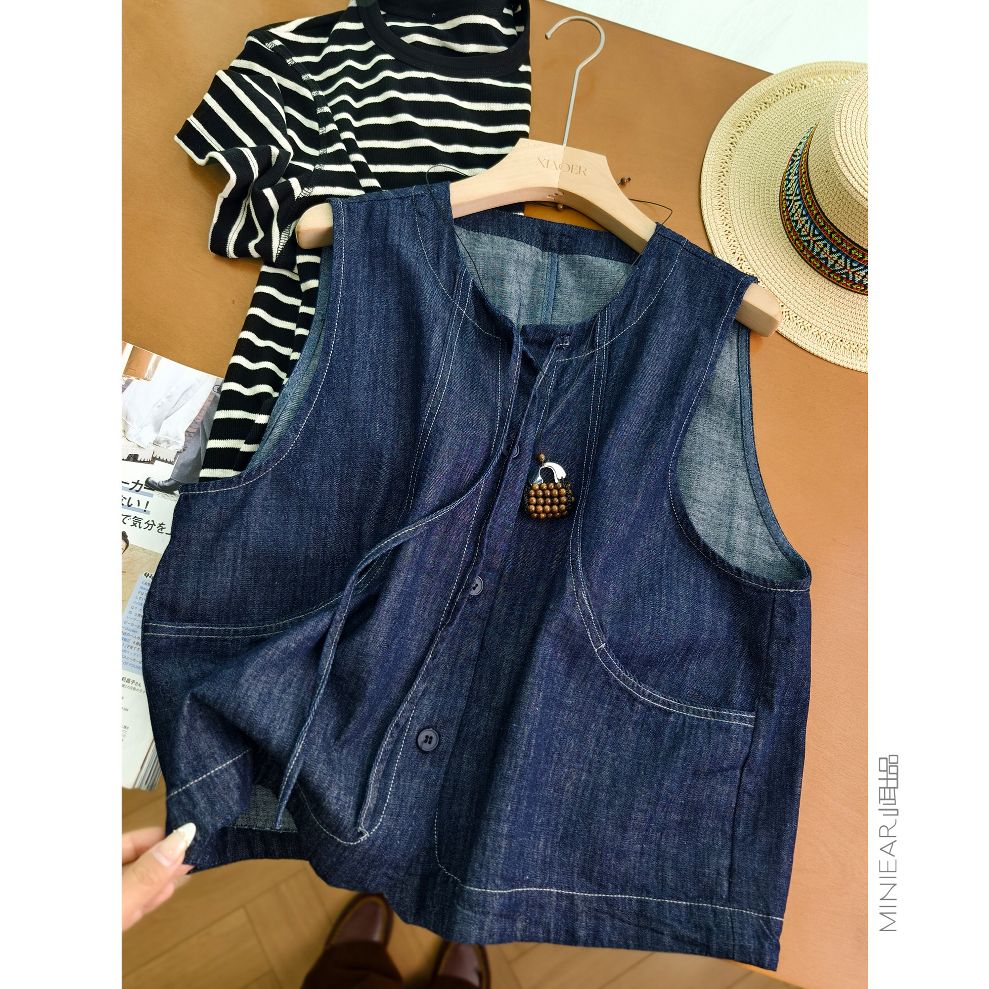 小耳出品 萣染靛蓝！日杂氛围/棉质牛仔/做旧洗水 系带马夹女文艺