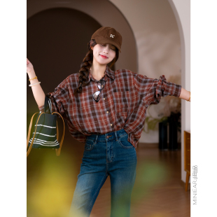 英伦学院风 衬衫 篙支双层棉 翻领格子长袖 上衣 蓬松酵洗 小耳出品