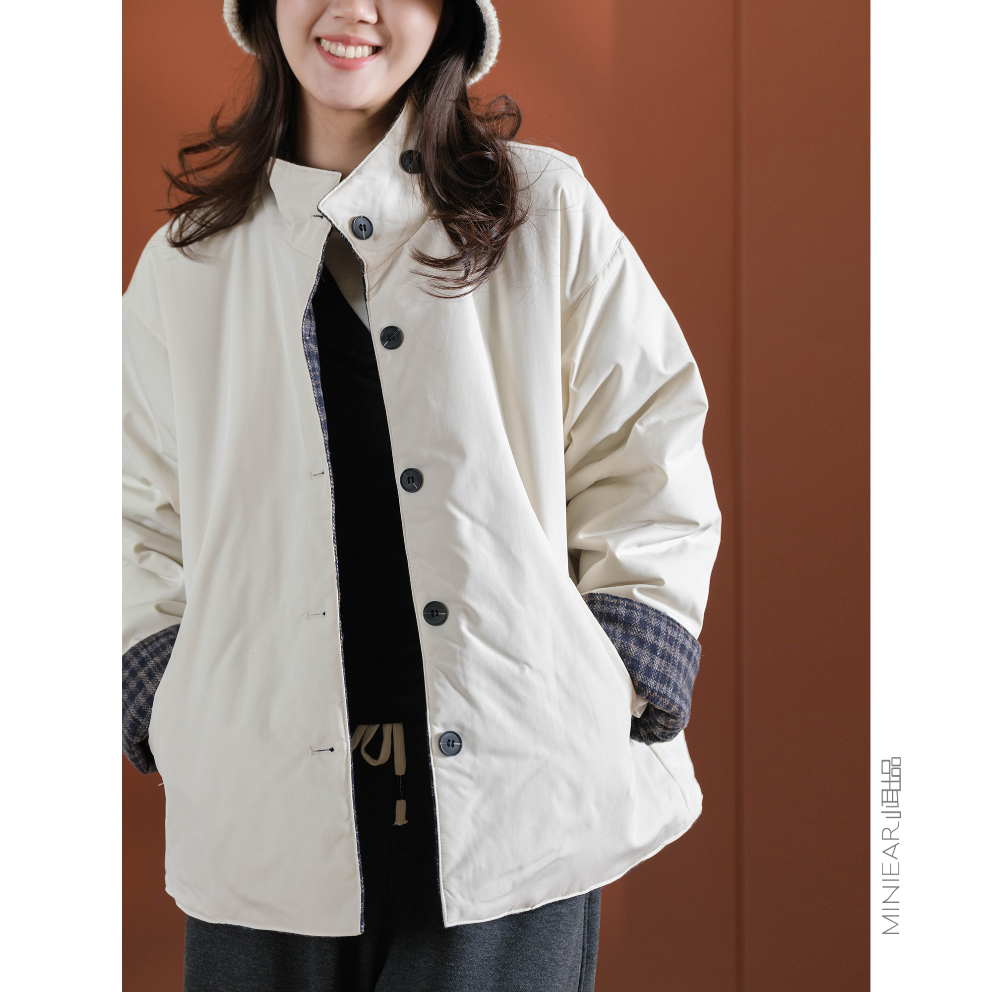 小耳出品【正反两穿/顺滑防风层+色织毛呢格】气质立领棉服外套女