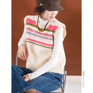 加宽肩部 小耳出品 色织条纹 25%羊毛 圆领针织马甲女 叠穿小马甲