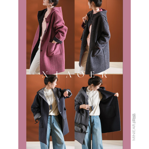 绵羊毛羊驼毛两穿连帽大衣中长款