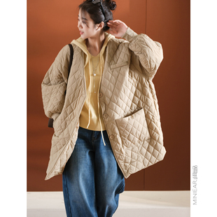 大簰松弛感 口 菱格纹绗缝 螺纹袖 V领中长棉服 篙密夹棉 小耳出品