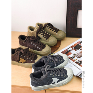 复古百搭五角星厚底鞋 混纺羊羔毛加绒板鞋 牛反绒 小耳出品