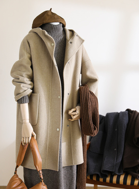 小耳出品【补贴款】绵羊毛山羊绒混纺连帽大衣中长款双面呢外套女