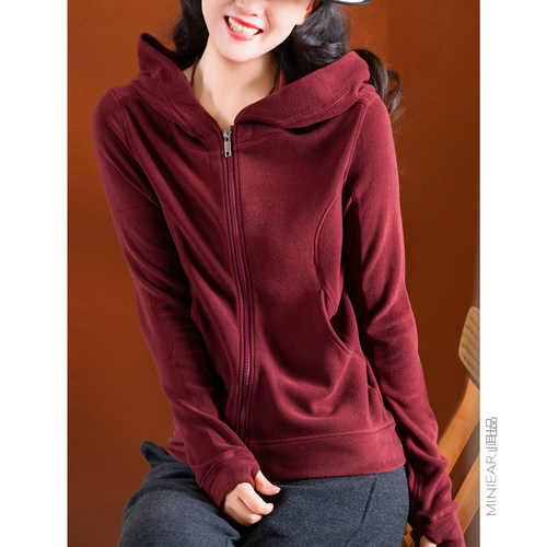 棉+桑蚕丝拉链连帽合身外套女