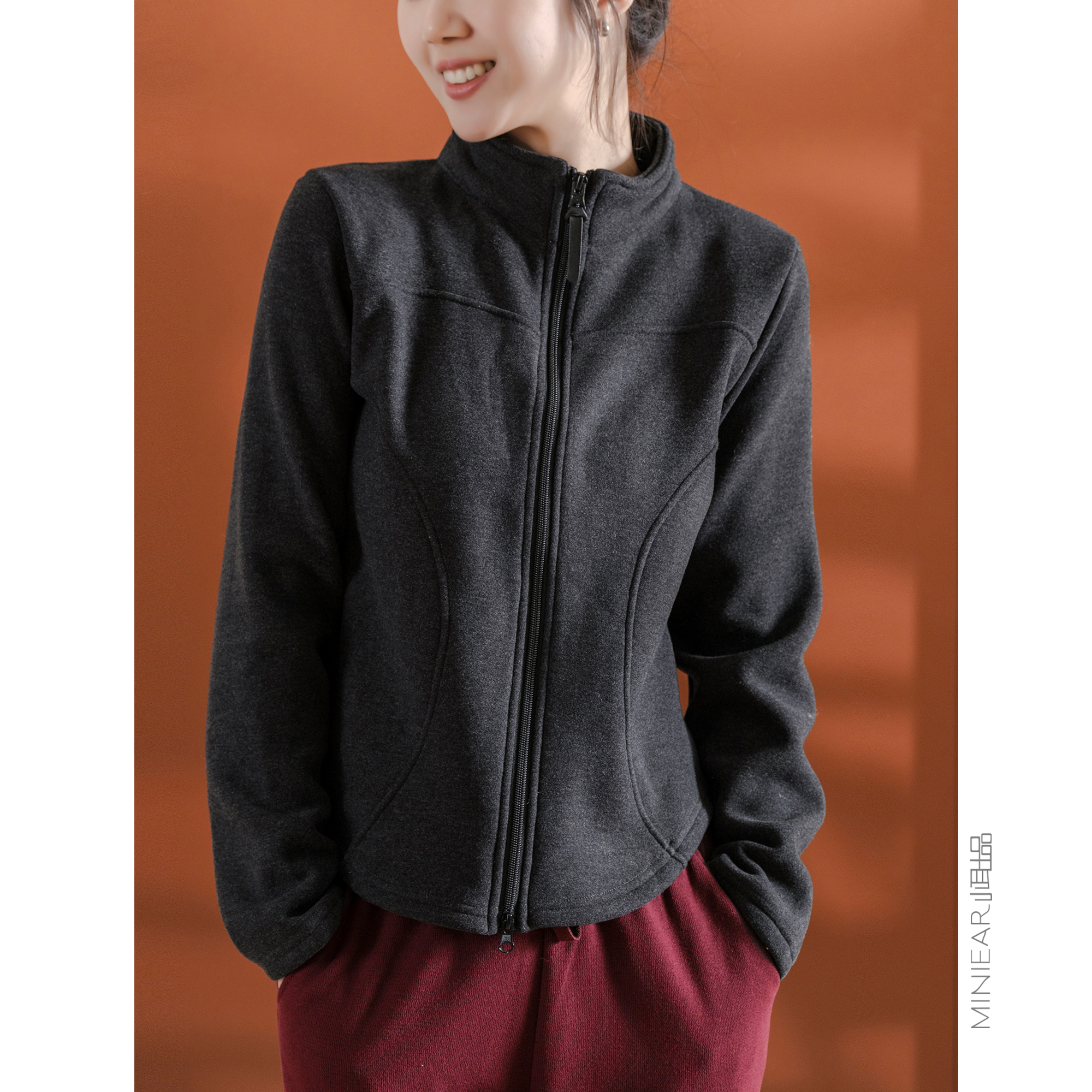 保暖圆弧下摆休闲长袖外套上衣