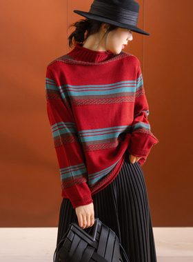 小耳出品 实穿！不起球不静电！色织条纹/小高领时尚宽松显瘦毛衣