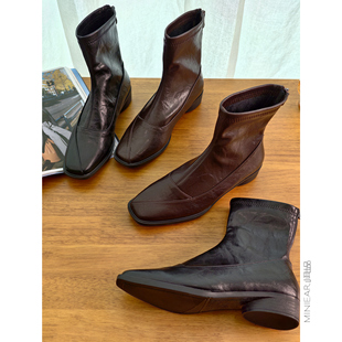 小耳出品 牛皮短筒皮靴女冬季加绒保暖中帮后拉链方头拼接女鞋