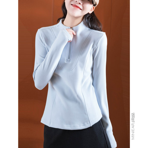 柔软气质立领半拉链长袖T恤女