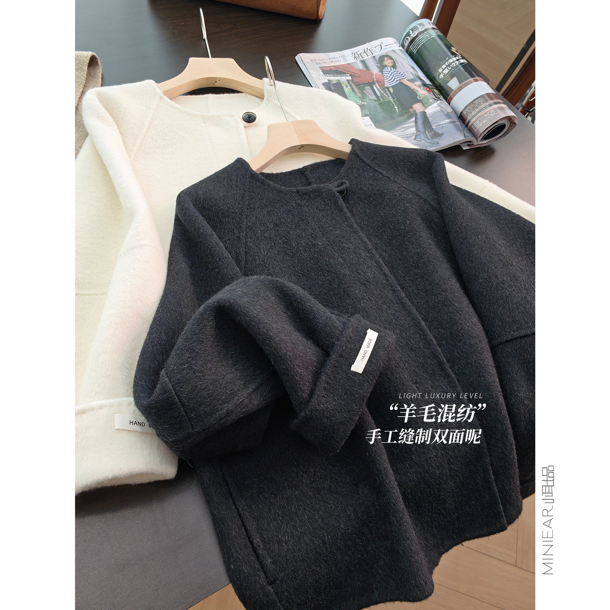 绵羊毛混纺一粒扣短款圆领风衣