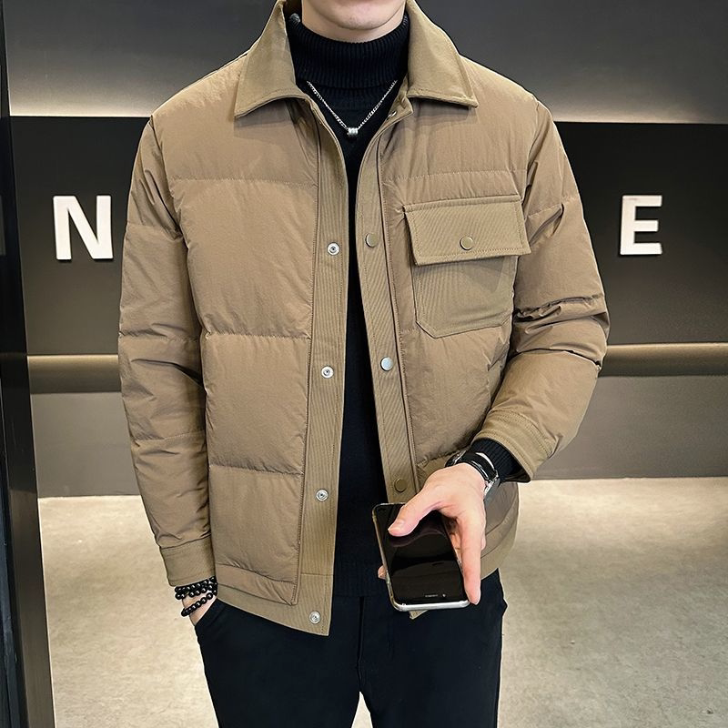 冬季新款休闲风翻领短款羽绒服男轻薄保暖黑色外套舒适轻便夹克潮