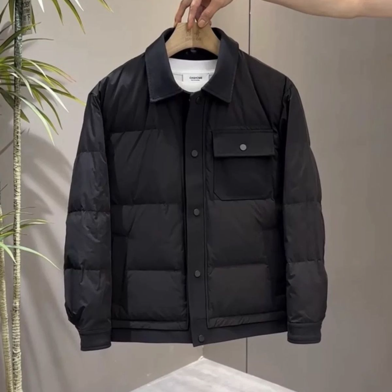 2025新款男士轻薄羽绒服休闲翻领黑色保暖外套韩版修身拼接短款潮