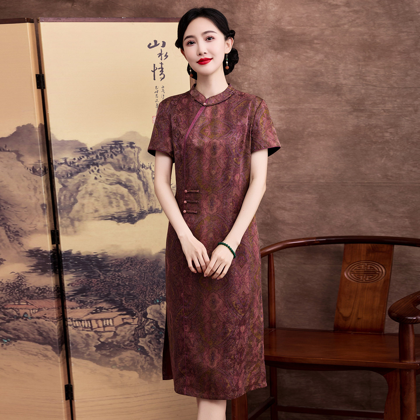 真丝花萝香云纱短袖连衣裙女2026新款夏季立领修身改良版旗袍裙