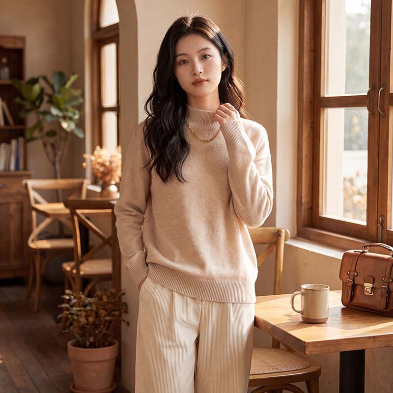 秋冬新款100%纯羊毛半高领针织衫长袖女纯色套头软糯保暖修身上衣