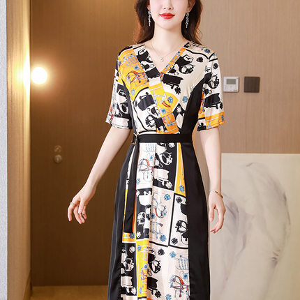真丝连衣裙2025新款夏季V领休闲裙大码桑蚕丝中长款时尚印花裙子