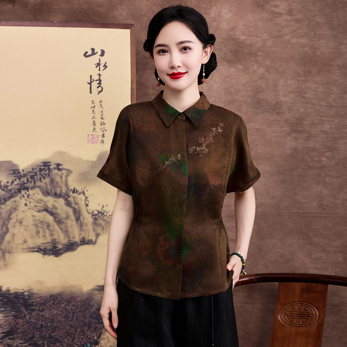 真丝花萝香云纱短袖衬衫女2026新款收腰翻领妈妈装设计感桑蚕丝