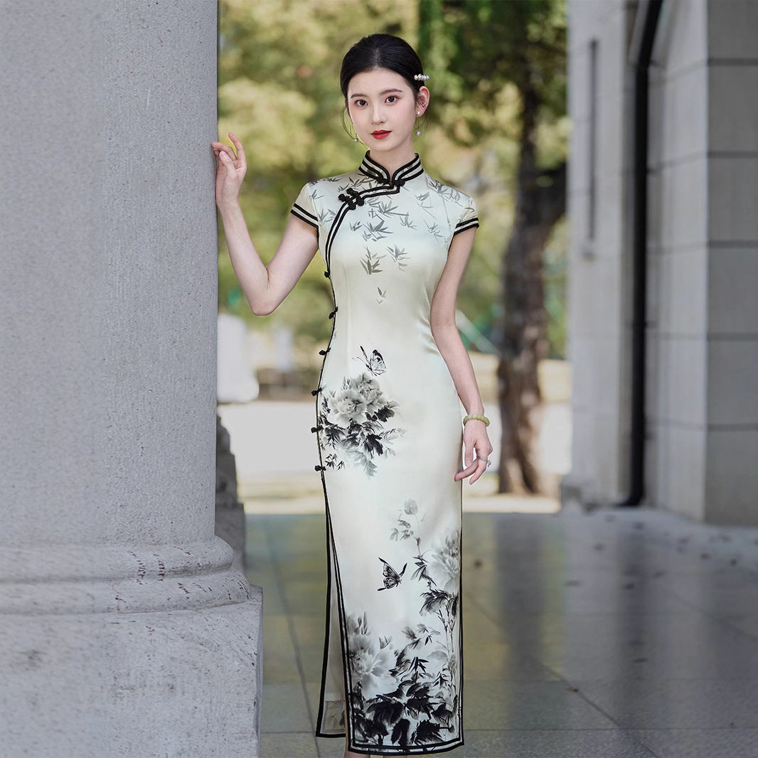 2026真丝旗袍女桑蚕丝高奢国风水墨画定位花长款双层改良复古优雅