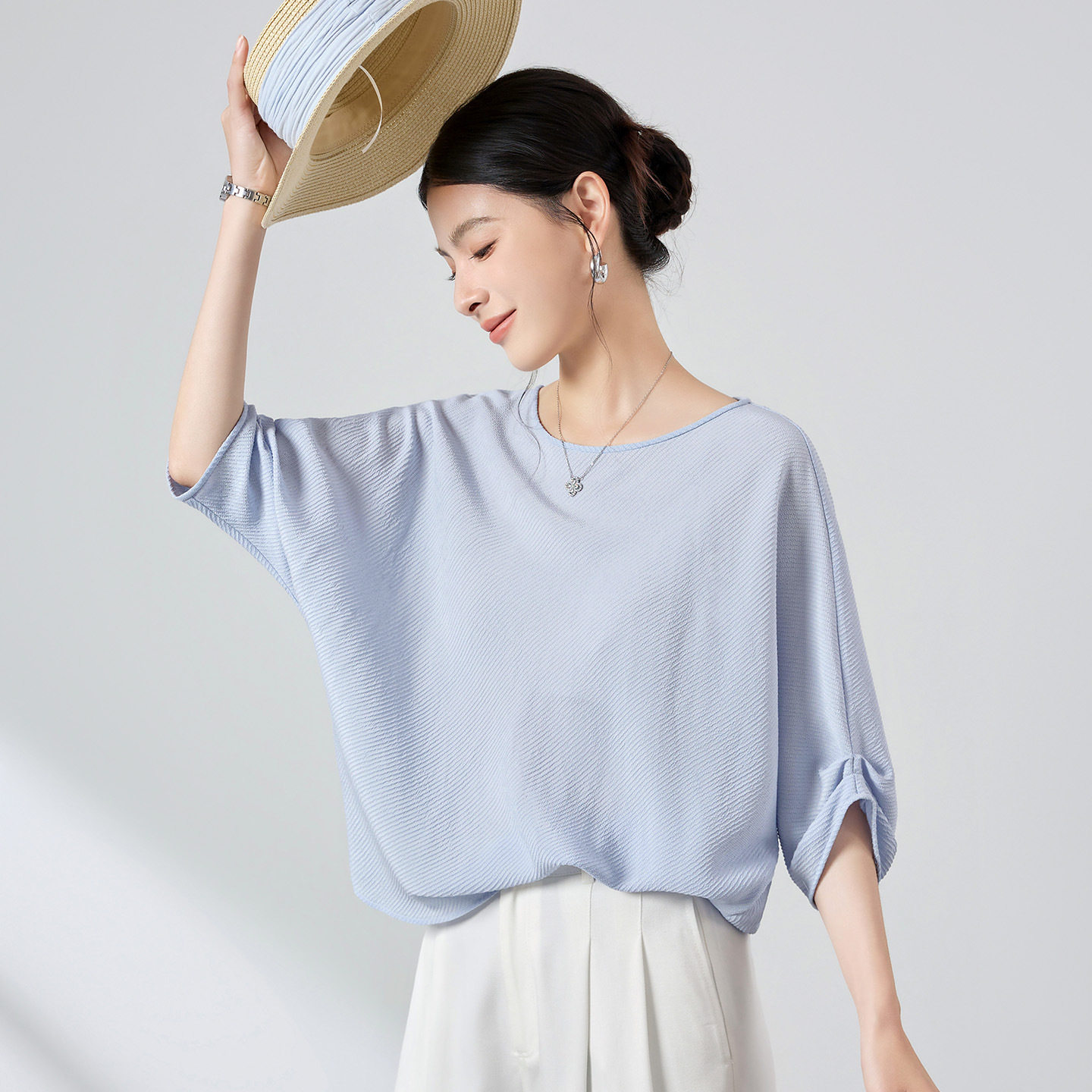 26夏[100%桑蚕丝]休闲百搭上衣新款宽松慵懒风蝙蝠袖真丝小衫3189