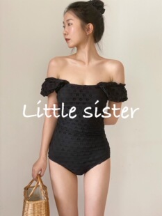 【little sister】方领镂空暗纹花朵皱褶巨显瘦舒适连体泳衣温泉