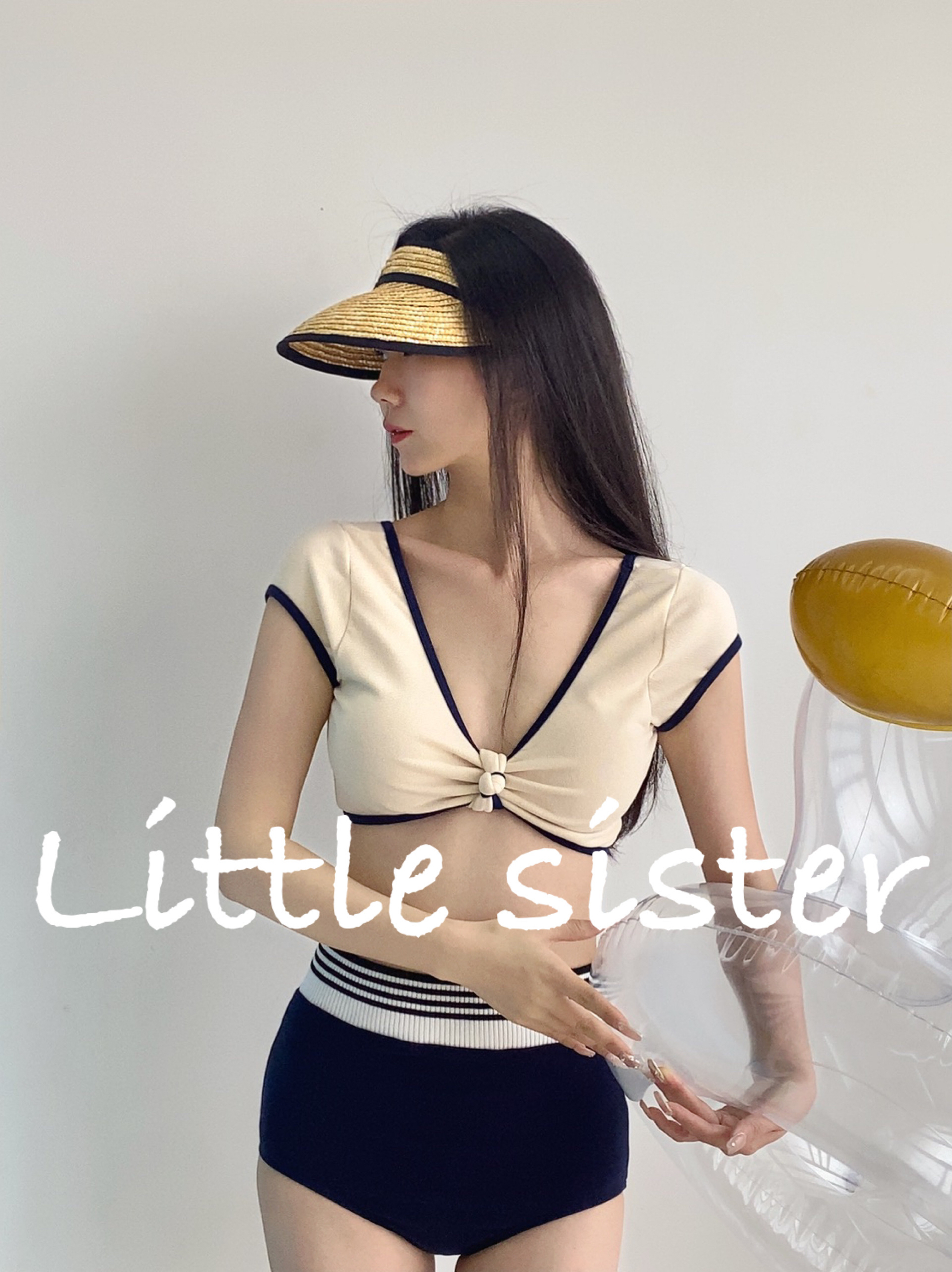 【little sister】不平凡小众针织短袖V领高腰分体泳衣又飒又甜