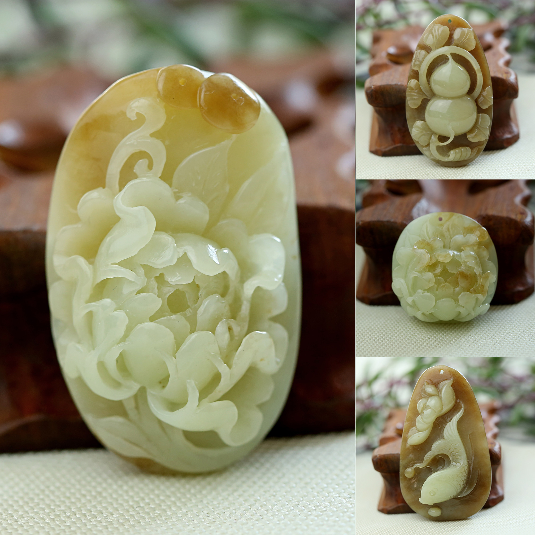 天然玉石岫玉葫芦吊坠黄白老玉牡丹花挂件莲花鱼和田玉吊坠毛衣链