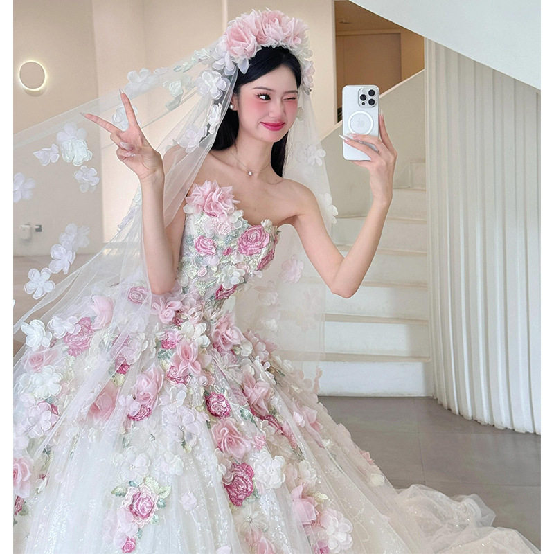 抹胸主婚纱礼服新娘2025新款小个子在逃公主出门纱轻粉色花朵