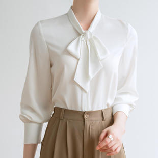 飘带衬衫女缎面垂感职业通勤春秋公务员教资面试正装长袖上衣