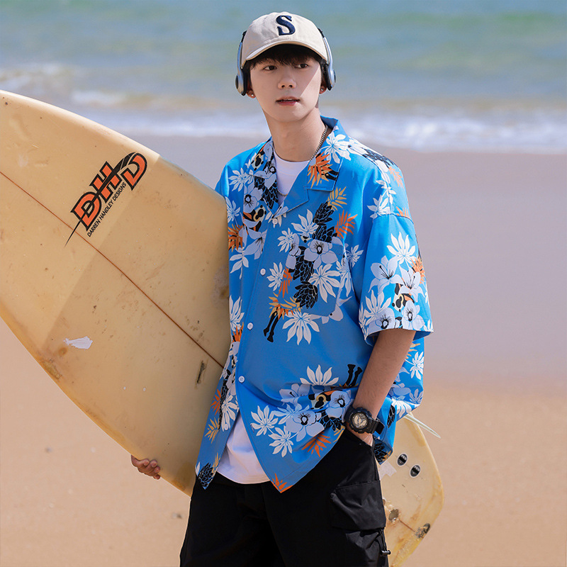 夏威夷花衬衫男短袖夏季薄款五分袖沙滩户外潮牌海边穿搭衬衣外套