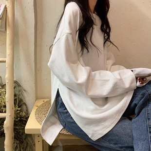 新款潮上衣韩版宽松初秋怪味少女纯色圆领长袖恤女一件