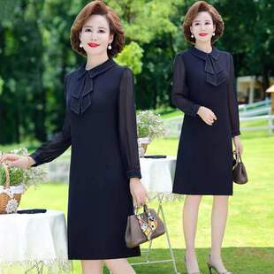 妈妈秋装连衣裙长袖洋气新款中年女雪纺裙子春秋薄款阔太太夏衣服