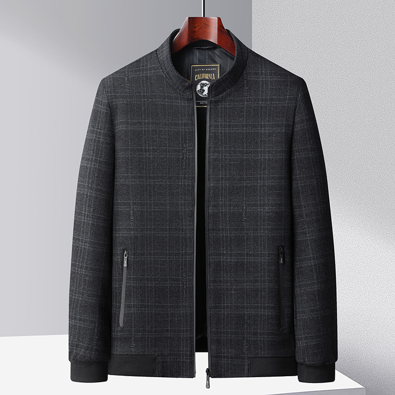 新款中老年爸爸外套春秋季立领休闲爷爷装格子商务夹克男上衣