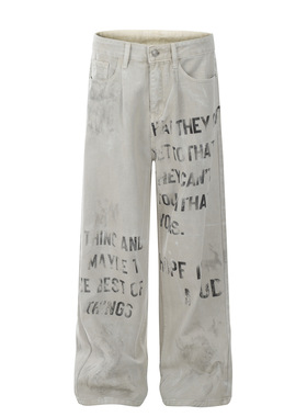 d1671美式复古2024秋冬中性潮印花设计男式宽松牛仔长裤