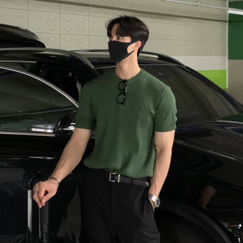 夏季短袖恤男冰丝针织衫弹力韩版修身圆领休闲薄款纯色半袖上衣