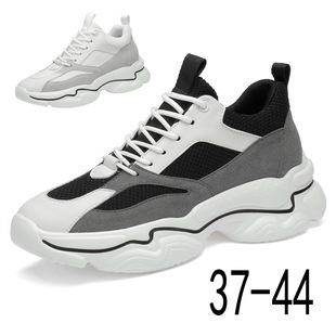 春季新款拼色老爹男鞋时尚中跟隐形增高拼接休闲飞织运动鞋男