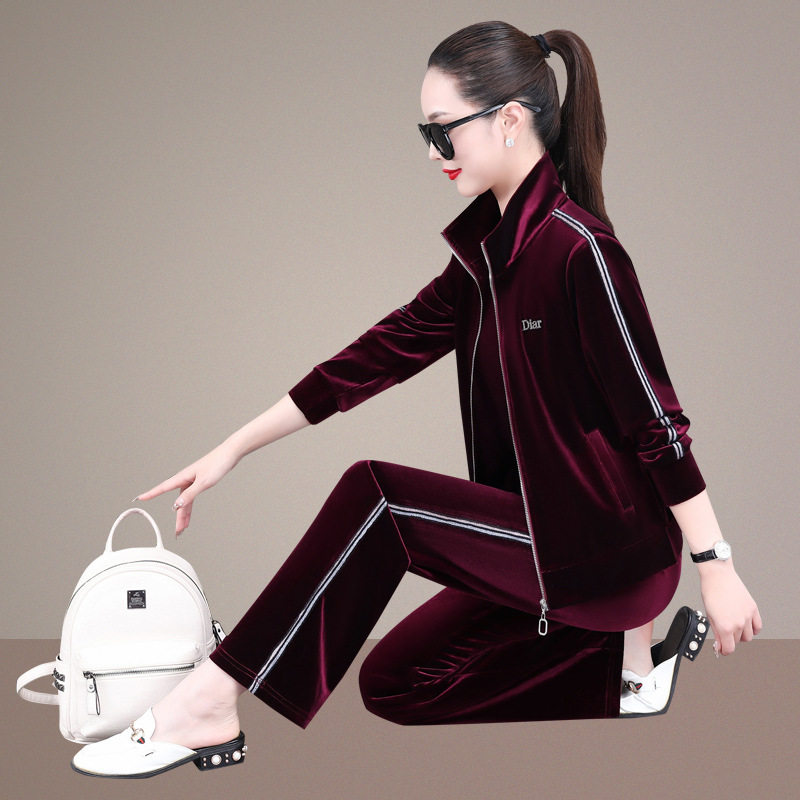 春装新款女士丝绒时尚休闲套装气质妈妈宽松洋气运动三件套