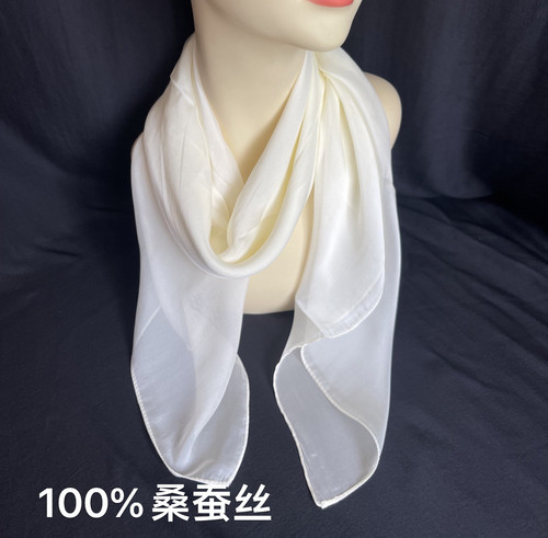 秋季薄款100%桑蚕丝方巾90厘米正方形丝巾女纯色奶白色素色围巾