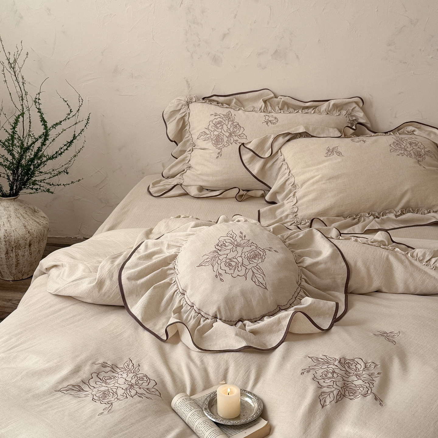 南法假日竹节棉麻绣花长绒棉亚麻四件套全棉纯棉床上用品床单被套