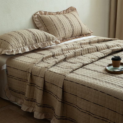 南法假日60全棉侘寂风花边提花床盖三件套纯棉复古床裙式床单单件