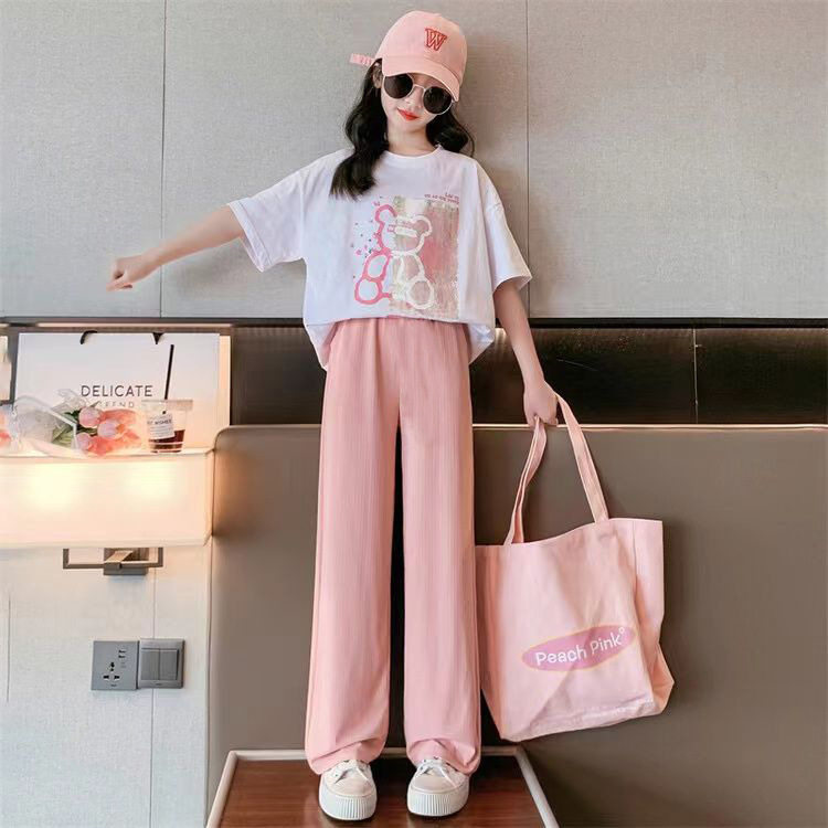 女童短袖套装夏装2025新款儿童洋气直筒裤夏天中大童运动两件套