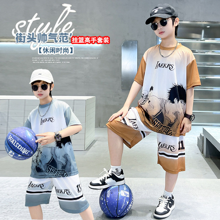 夏季儿童速干运动套装2025爆款男童薄款透气篮球服宽松短袖两件套