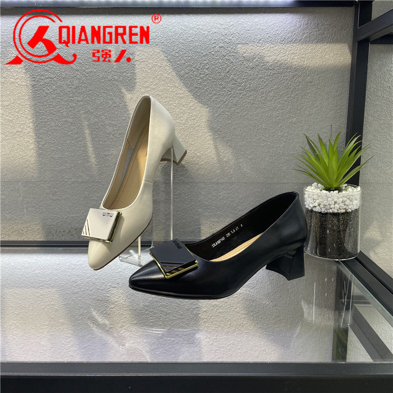 3515强人女鞋单鞋女真皮尖头小皮鞋2023秋季新款中跟粗跟时装鞋女