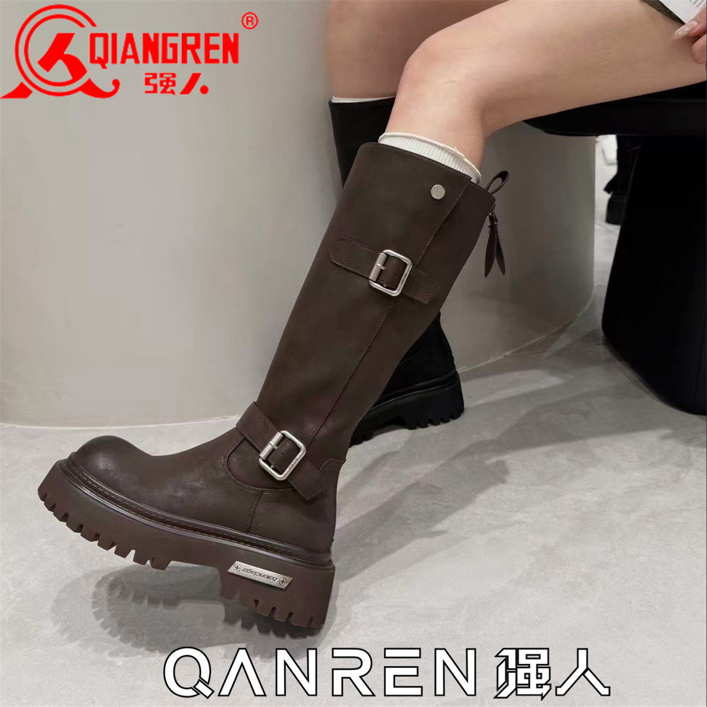 强人女鞋骑士靴加绒保暖长筒靴