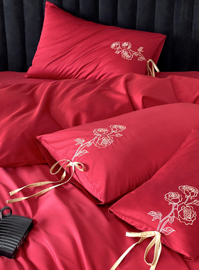 100S红色婚庆结婚全棉四件套嫁娶喜庆纯棉长绒棉被套床单床上用品