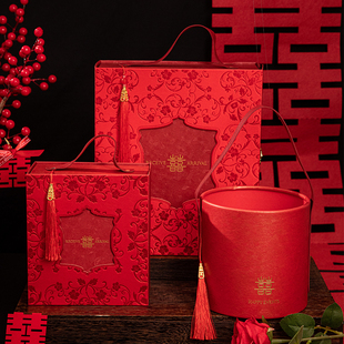 新款 伴手礼盒结婚喜糖盒复古婚庆烫金手提盒婚礼红色糖果空盒 中式