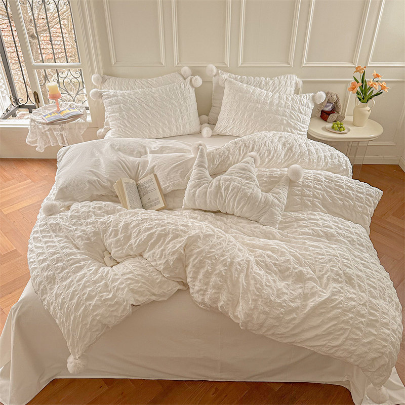 白色奶油泡芙球球全棉褶皱水洗棉公主风四件套纯棉2024新款被套