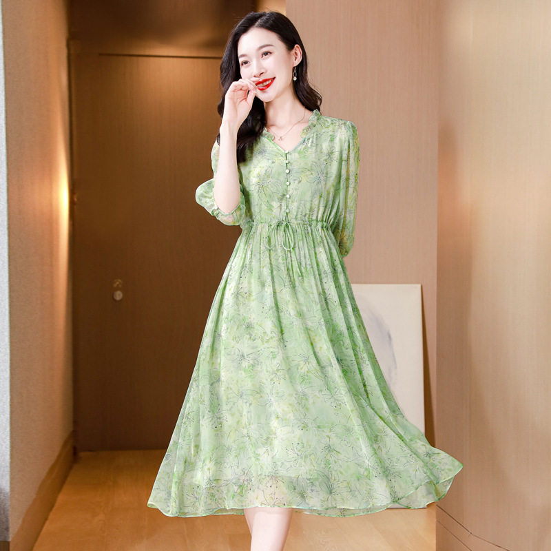 【帛彩轻奢】桑蚕丝V领半袖气质连衣裙系带收腰显瘦真丝印花裙子