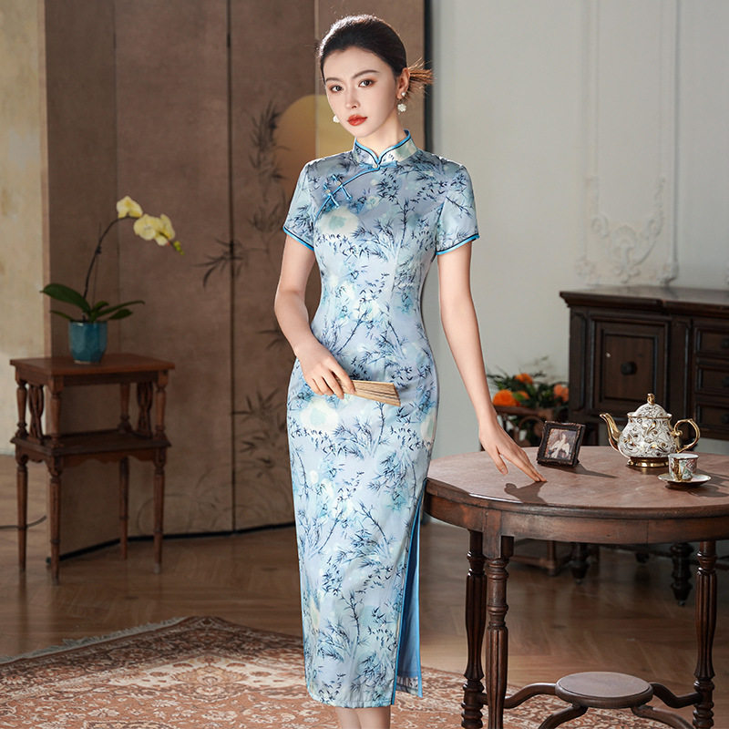 【帛彩轻奢】蓝色桑蚕丝旗袍女夏新中式改良长款日常复古国风礼服